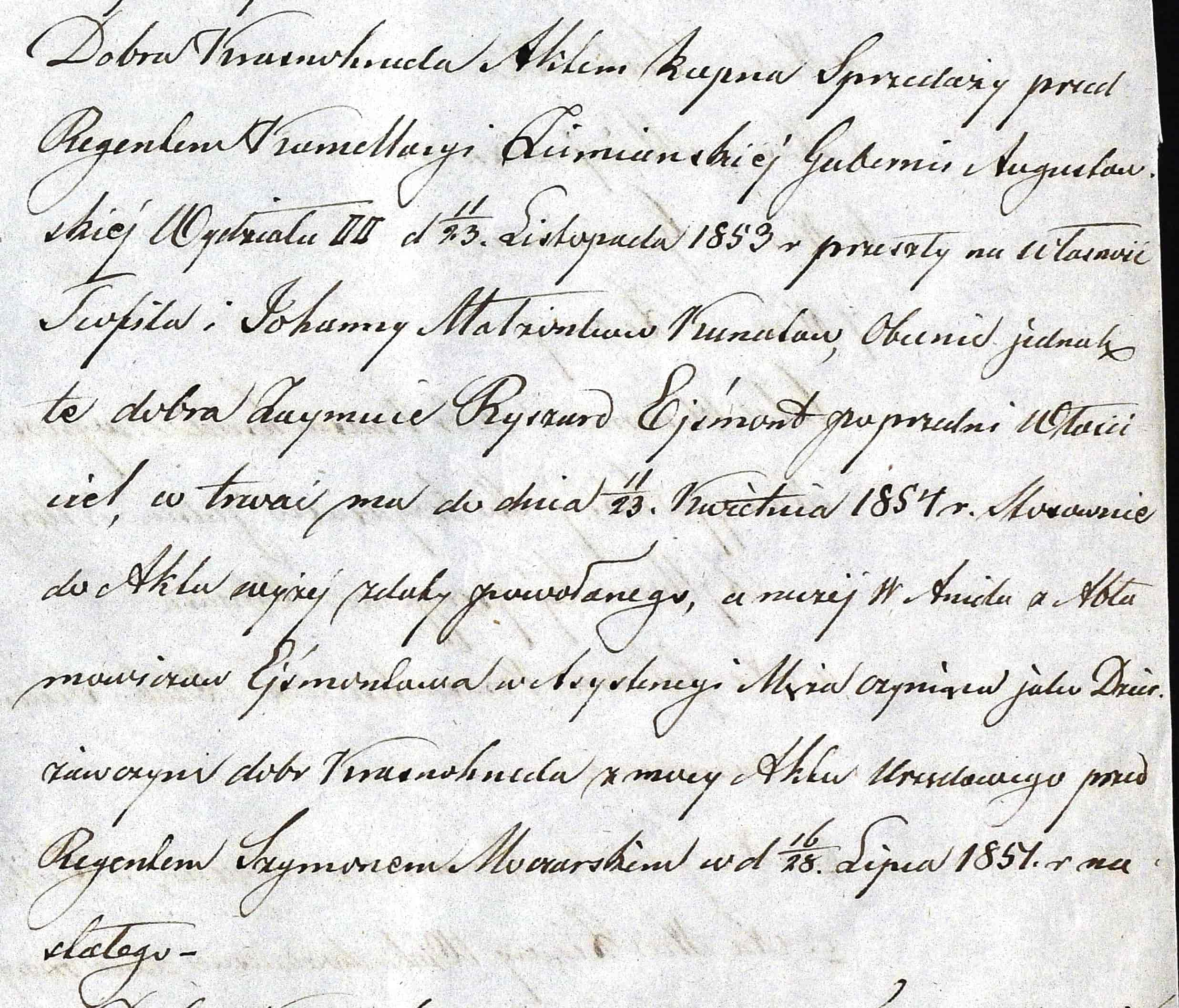 Fragment wpisu do księgi wieczystej stwierdzający zakup dóbr Krasnogruda przez Teofila i Joannę Kunatów w dniu 23 listopada 1853 roku. (APS, Sąd Okręgowy w Suwałkach Wydział Hipoteczny, seria.: 1, sygn.: 59 s. 1072).