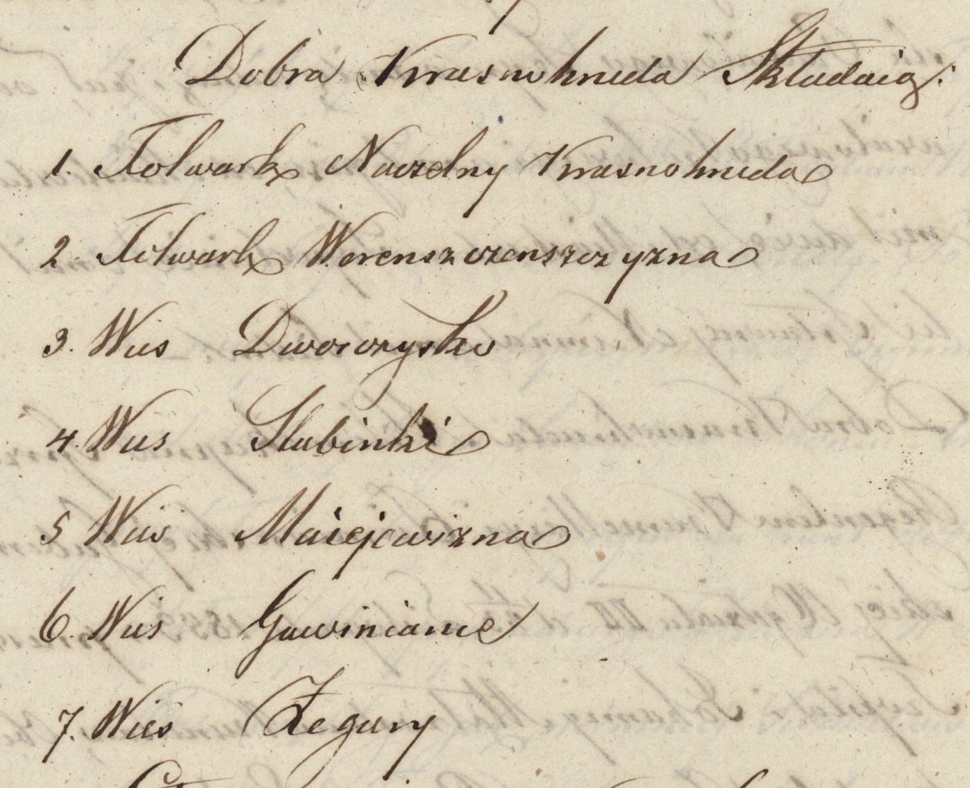 Fragment wpisu do księgi wieczystej określający części składowe dóbr Krasnogruda na dzień 9 lutego 1854 roku. (APS, Sąd Okręgowy w Suwałkach Wydział Hipoteczny, seria.: 1, sygn.: 59 s. 1073).
